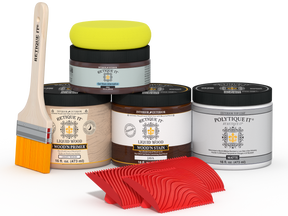 Retique It® Wood'n Finish Kit in Java for exterior wood, featuring a matte top coat and various application tools.