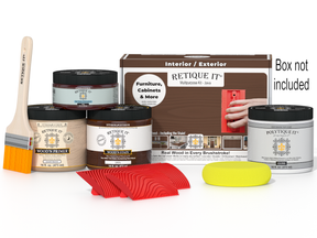 Retique It® Wood'n Kit Java exterior top coat set with wood finish products, includes brushes and application tools in a box.