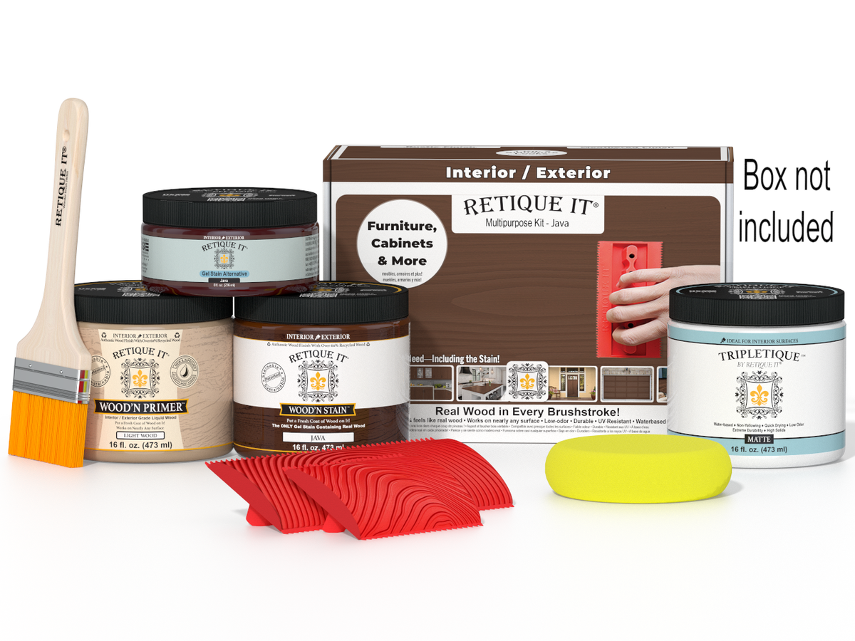 Retique It Wood'n Finish Kit Java interior top coat in a box, for multi-purpose wood finishing projects.