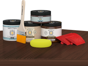 Retique It® Java countertop kit for kitchen island with stains, shown on a wooden surface.