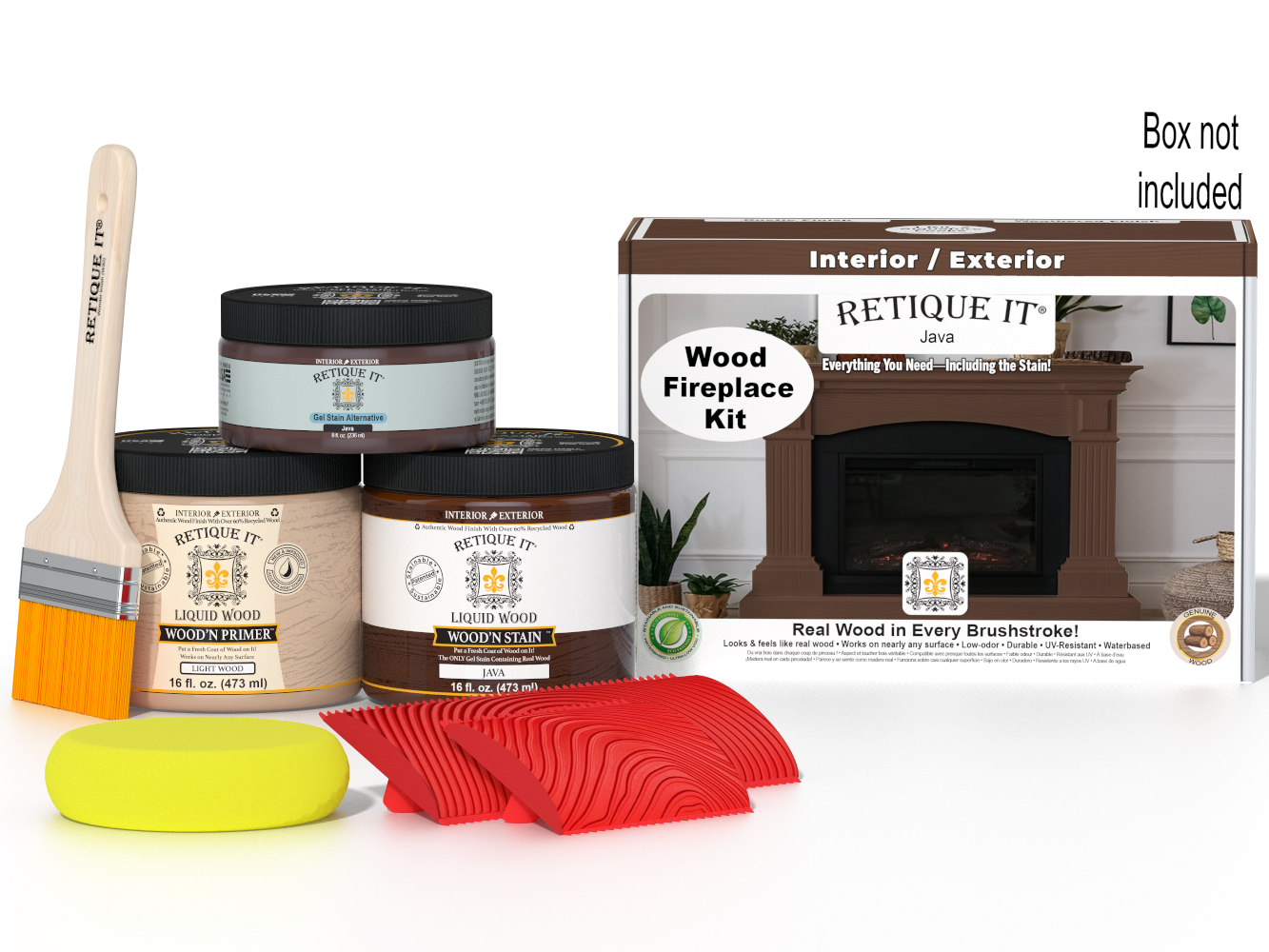 Retique It Fireplace Wood'n Finish Kit in Java stain, featuring a full fireplace with stain application and finishing materials.
