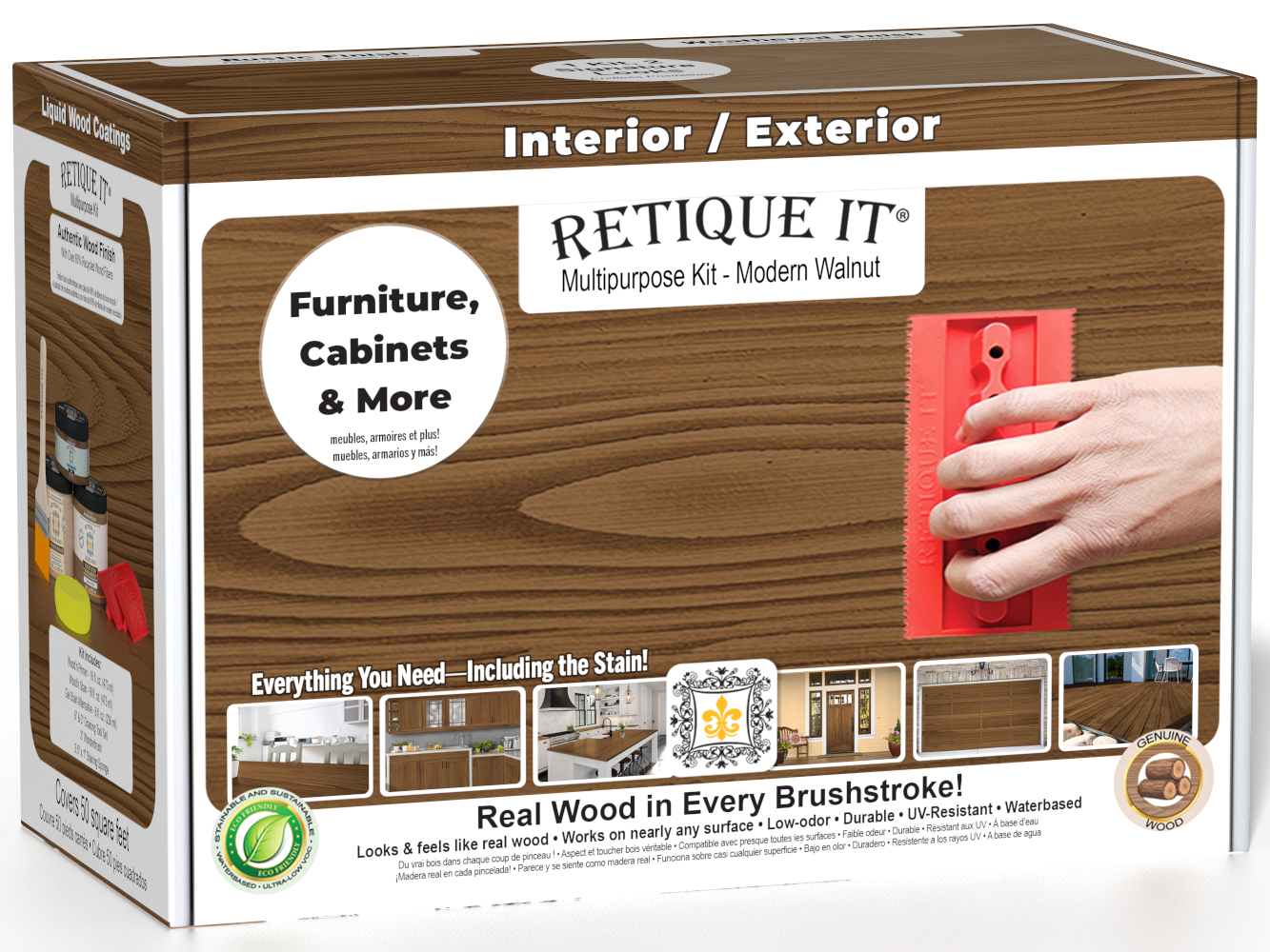 Retique It® Wood'n Kit in Modern Walnut, medium-sized multi-purpose wood finish kit with wood stain and finish in a box.