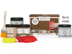 Retique It® Multi-purpose Wood'n Kit (Med) in Modern Walnut with exterior topcoat, includes finish and application tools.