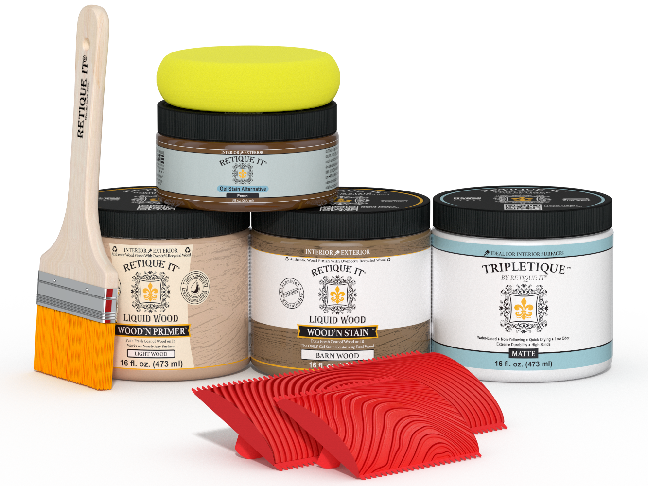 Retique It® Multi-purpose Wood'n Kit in Modern Walnut for interior topcoat, includes wood finish and application tools.