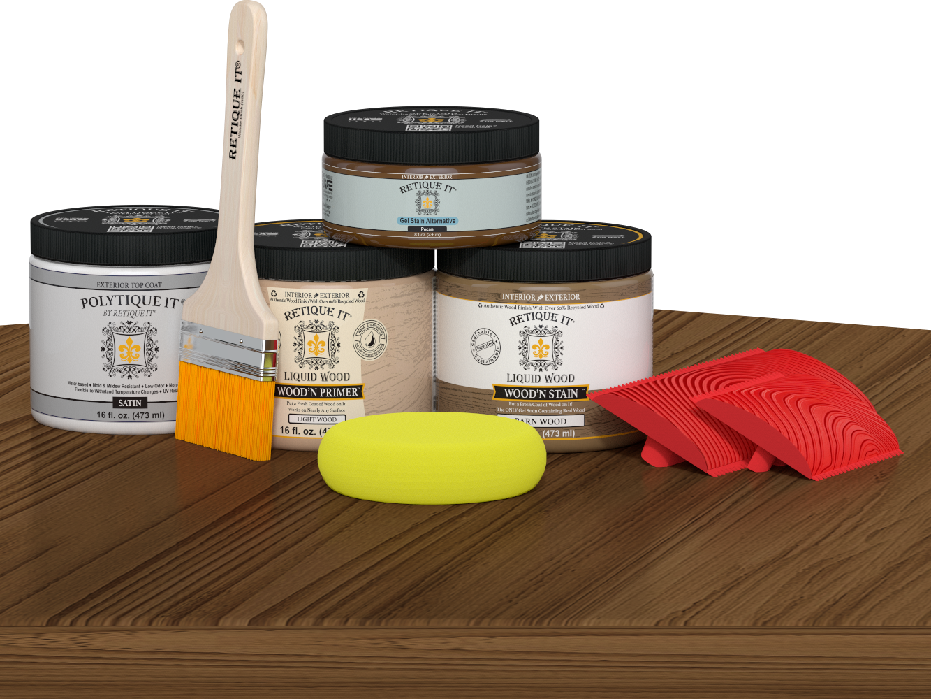 Retique It® Modern Walnut Wood Kit with primer, stains, satin topcoat, brush, yellow sponge, and red graining tools.