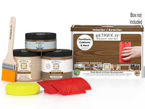 Retique It® Wood'n Finish Kit in Modern Walnut for multi-purpose wood finishing, includes box with tools and supplies.