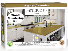 Retique It® Old Oak countertop kit for kitchen islands with stain finish, shown in a 3D view highlighting the wood grain and staining details.