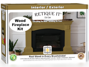 Retique It® Fireplace Wood'n Finish Kit in Old Oak stain, including stain bottles and application tools for full fireplace renovation.