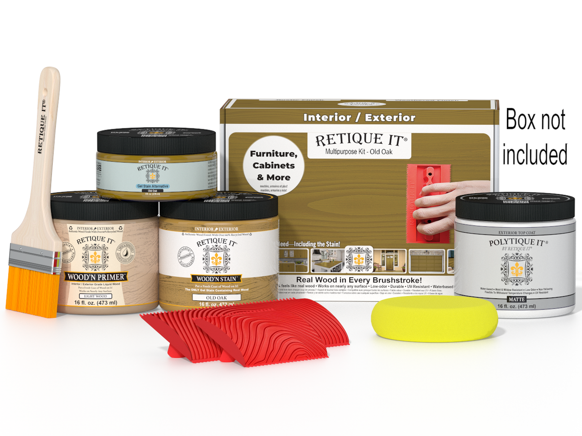 Retique It Wood'n Finish Kit in Old Oak for exterior top coat, featuring brushes, brushes, and application tools in a box.