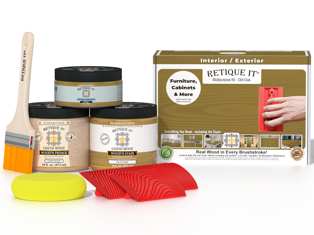 Retique It Wood'n Finish Kit in Old Oak, medium-sized multi-purpose wood finishing kit with brushes and stain samples.