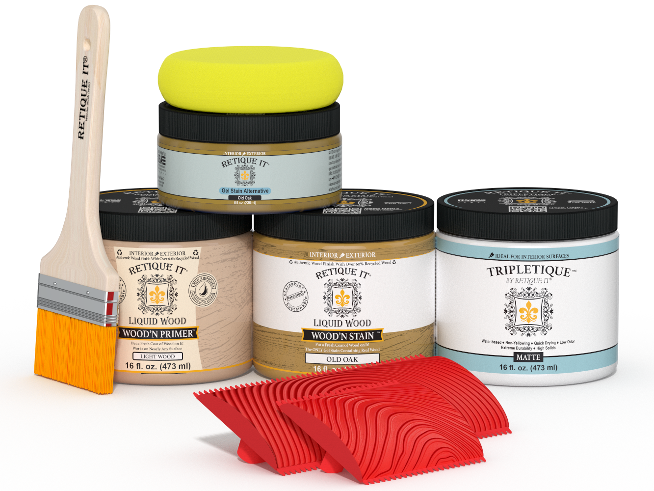 Retique It® Wood'n Kit in Old Oak with interior top coat, featuring matte finish on wood surface and application tools.