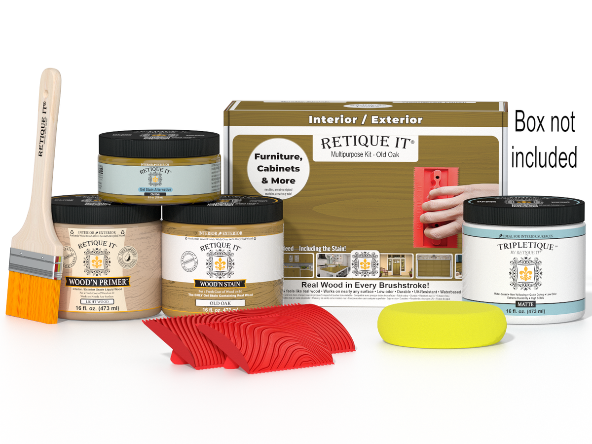 Retique It Wood'n Finish Kit in Old Oak for interior top coat, featuring wood stain and finish components in a compact box.