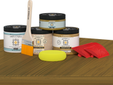 Retique It® Old Oak countertop kit with stain applied on a kitchen island, showcasing natural wood grain and finish.