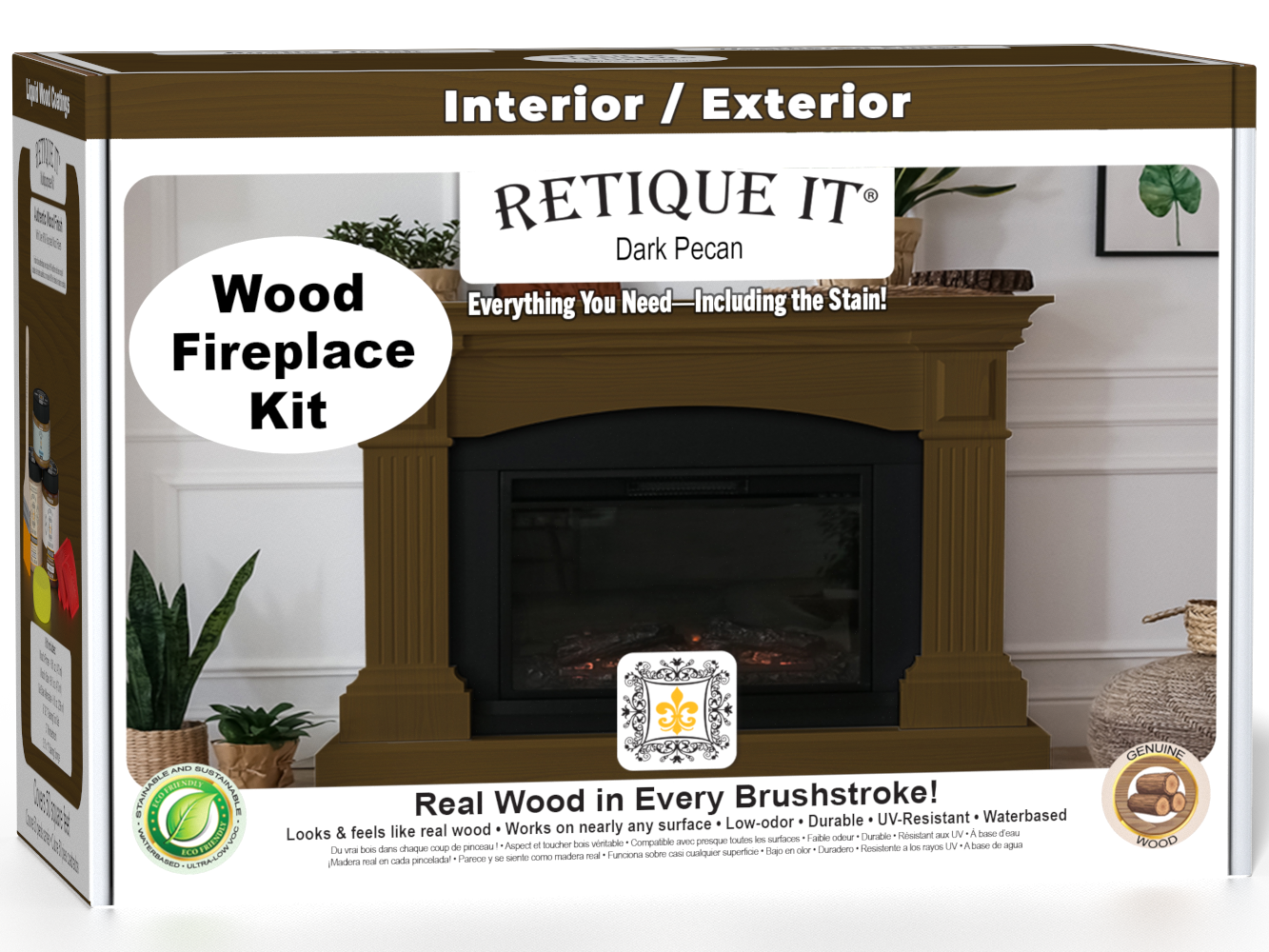Retique It Fireplace Wood'n Finish Kit in Dark Pecan stain, featuring a full fireplace with wood finish and stain application.