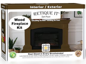 Retique It Fireplace Wood'n Finish Kit in Dark Pecan stain, featuring a full fireplace with wood finish and stain application.