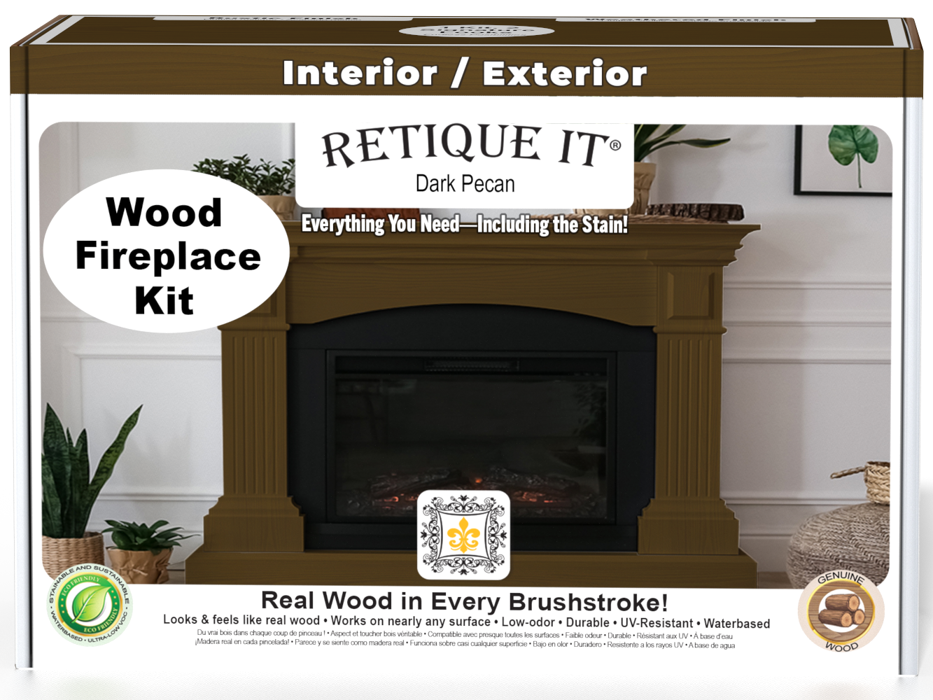 Retique It Fireplace Wood'n Finish Kit in Dark Pecan stain, showing the full fireplace with wood finish and stain application.