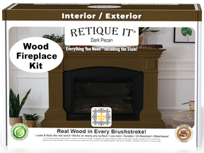 Retique It Fireplace Wood'n Finish Kit in Dark Pecan stain, showing the full fireplace with wood finish and stain application.