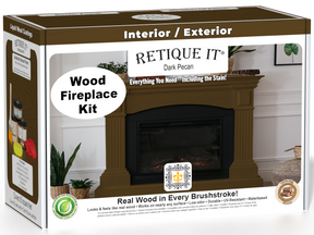Retique It Fireplace Wood'n Finish Kit in Dark Pecan stain, featuring a full fireplace with wood finish and stain application tools.