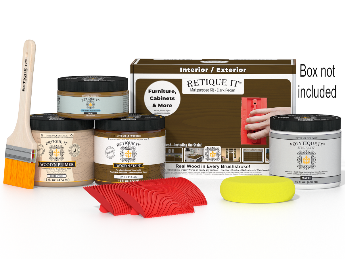 Retique It Wood'n Finish Kit in Dark Pecan, medium-sized exterior top coat set for wood finishing and protection.