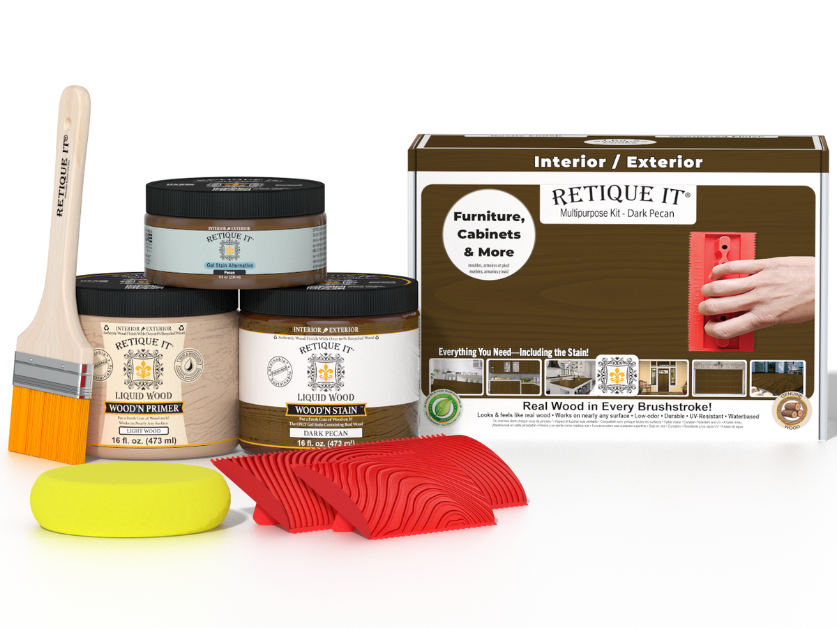 Retique It Wood'n Finish Kit in Dark Pecan, medium-sized set for wood finishing, includes brushes and finishing products.