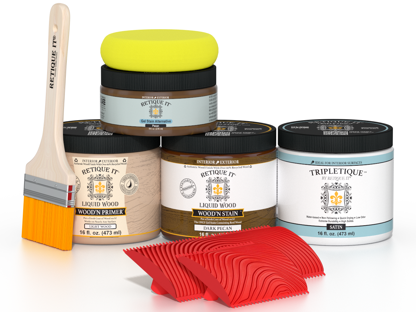 Retique It® Wood'n Finish Kit in Dark Pecan for interior wood projects, showing the satin top coat and wood finish components.