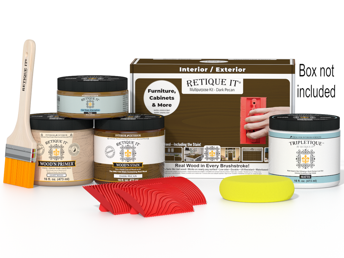 Retique It Multi-purpose Wood'n Kit in Dark Pecan with interior top coat, featuring wood finish supplies in a box.