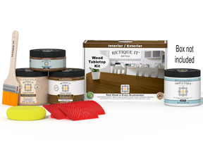 Retique It® Wood'n Finish Kit Double Size in Dark Pecan stain, showing a box and application tools for tabletop wood finishing.