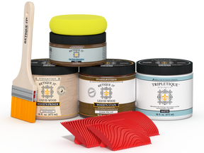 Retique It® Wood'n Finish Kit in Dark Pecan for tabletops, featuring stain bottles and applicators for wood finishing.