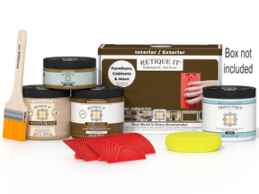Dark Pecan Wood'n Kit by Retique It® for interior top coat, includes wood finish supplies in a compact box.