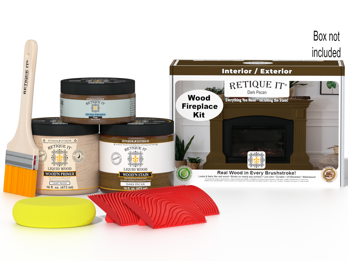 Retique It® Fireplace Wood'n Finish Kit in Dark Pecan stain, showing the full fireplace with wood finish and staining supplies.