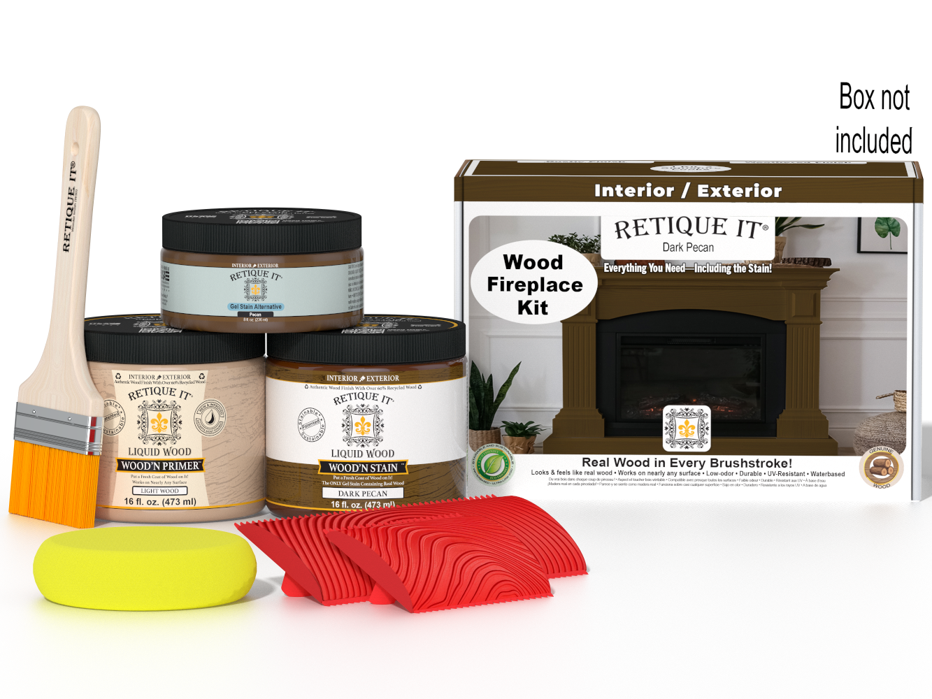Retique It Fireplace Wood'n Finish Kit in Dark Pecan stain, showing the full fireplace with wood finish and staining supplies.