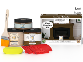 Retique It Fireplace Wood'n Finish Kit in Dark Pecan stain, showing the full fireplace with wood finish and staining supplies.