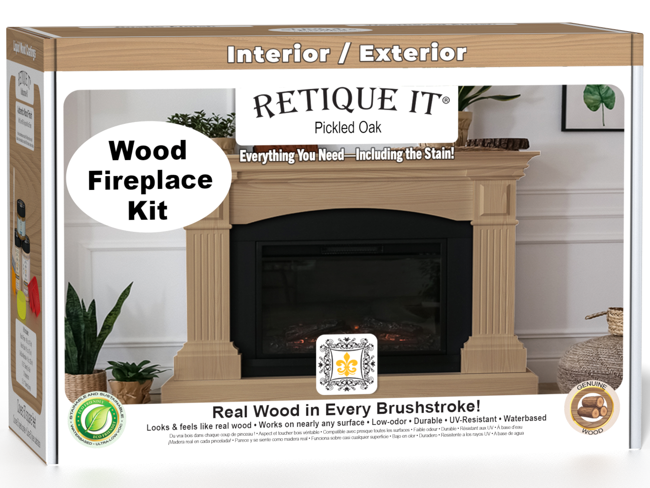 Retique It Fireplace Wood'n Finish Kit in Pickled Oak stain, full fireplace stain set with wood finish products.