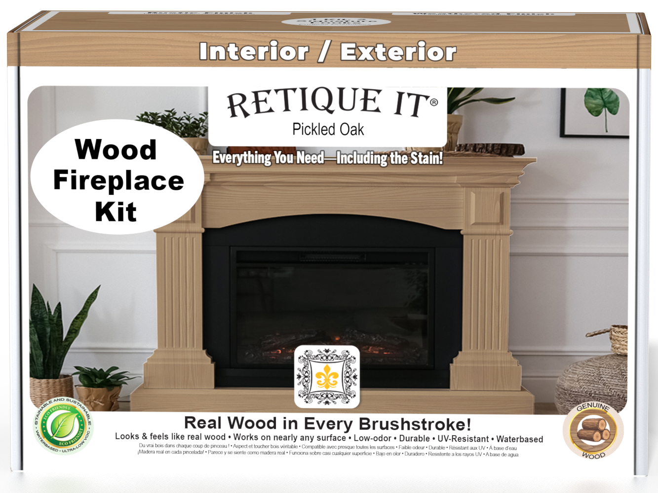 Retique It Fireplace Wood'n Finish Kit in Pickled Oak, stain set for full fireplace renovation, with wood finish and application tools.