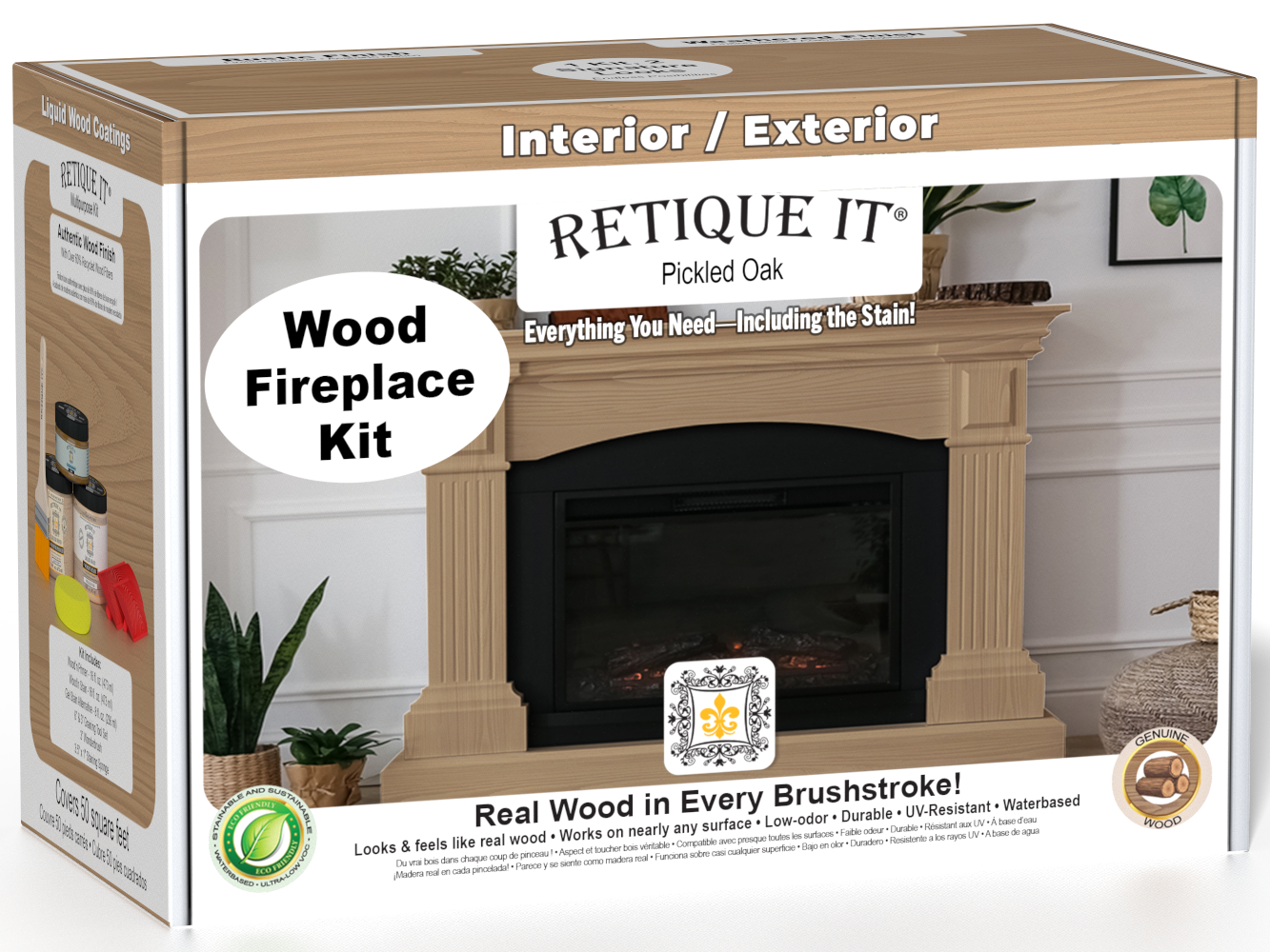 Retique It Fireplace Wood'n Finish Kit in Pickled Oak stain, full fireplace project with stain bottles and application tools.
