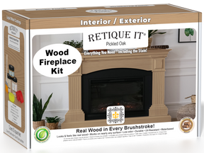Retique It Fireplace Wood'n Finish Kit in Pickled Oak stain, full fireplace project with stain bottles and application tools.