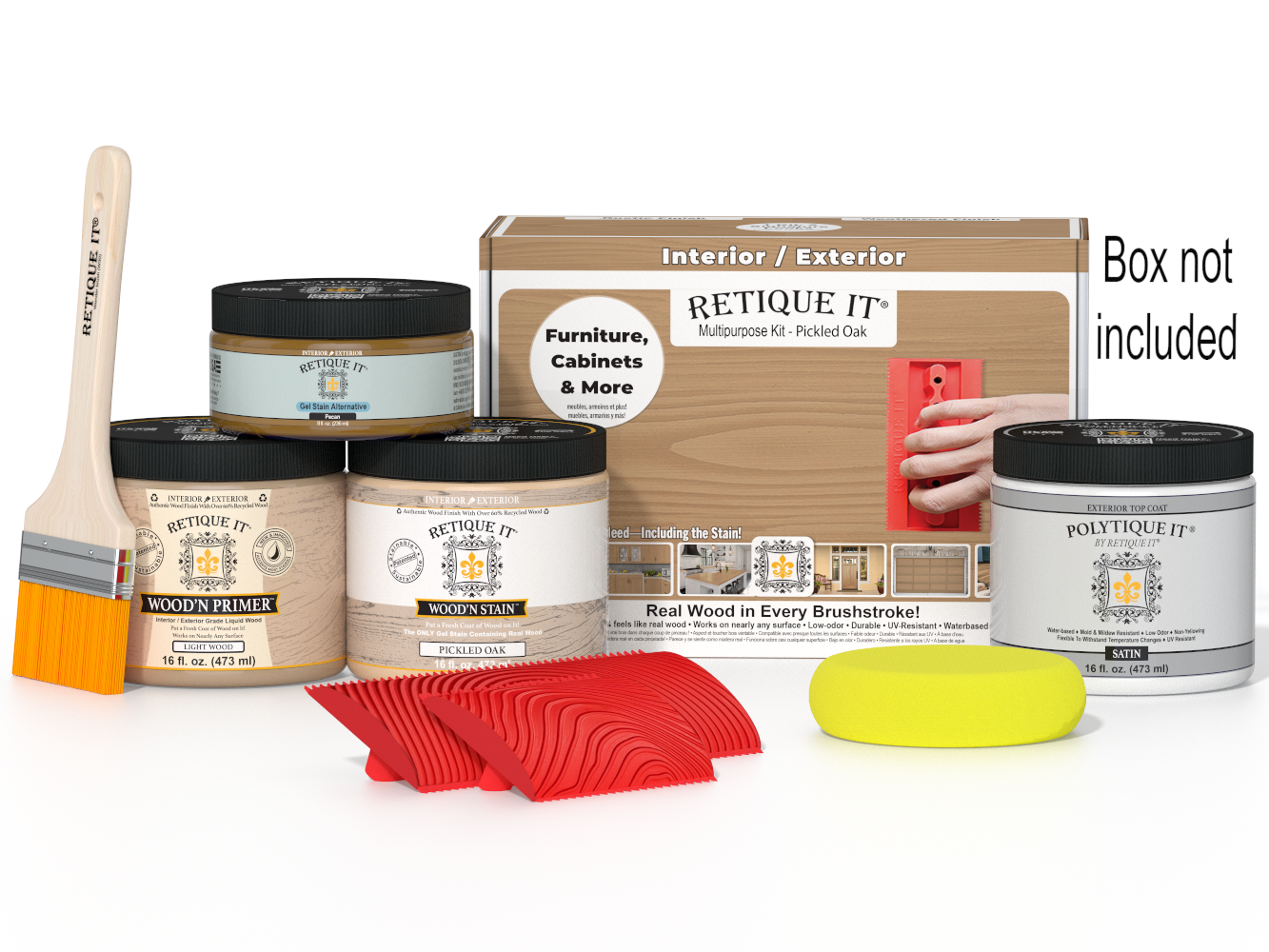 Retique It® Wood'n Finish Kit in Pickled Oak for exterior top coat, featuring a box of multi-purpose wood finishing supplies.