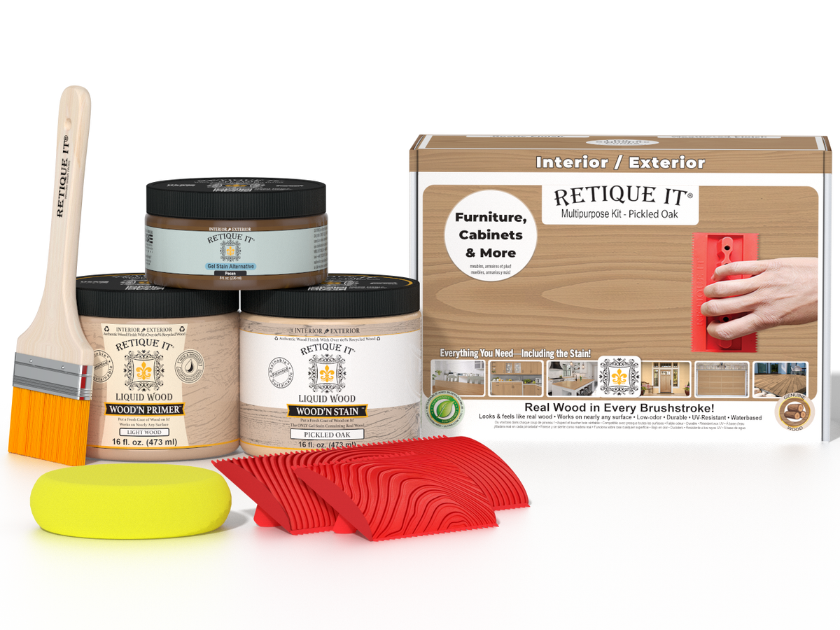 Retique It Wood'n Finish Kit in Pickled Oak, medium multi-purpose wood finishing kit with brushes and applicators.