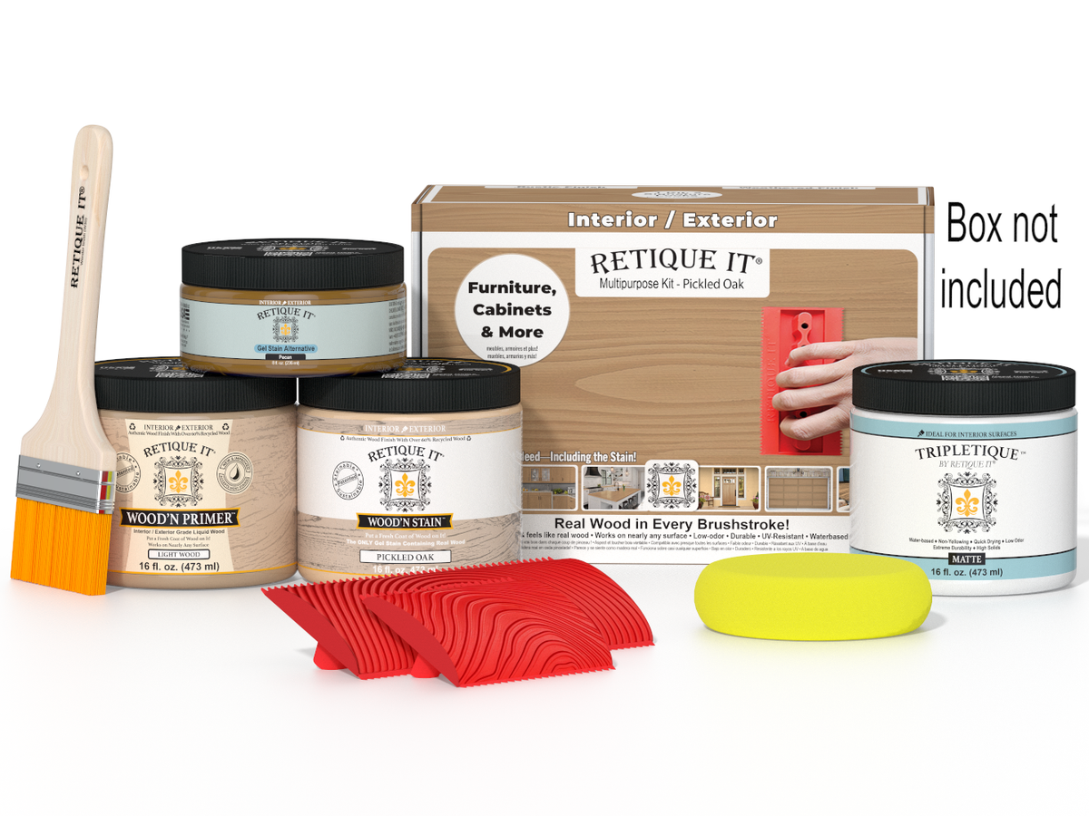 Retique It Wood'n Kit in Pickled Oak, medium size, interior top coat for wood finishing, shown in its packaging.