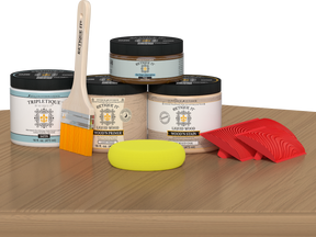 Retique It® pickled oak countertop kit for kitchen island, featuring stain and finish options on a wooden surface.