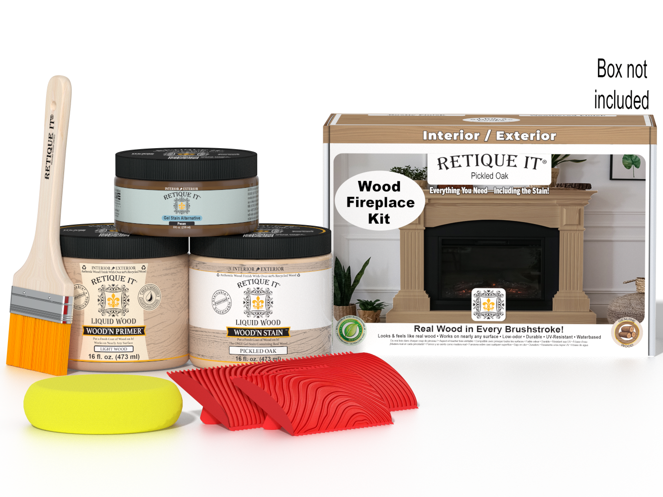 Retique It Fireplace Wood'n Finish Kit in Pickled Oak stain, showing wood stain bottles and full fireplace sample.