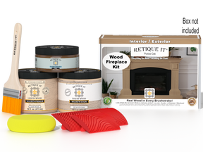 Retique It Fireplace Wood'n Finish Kit in Pickled Oak stain, showing wood stain bottles and full fireplace sample.