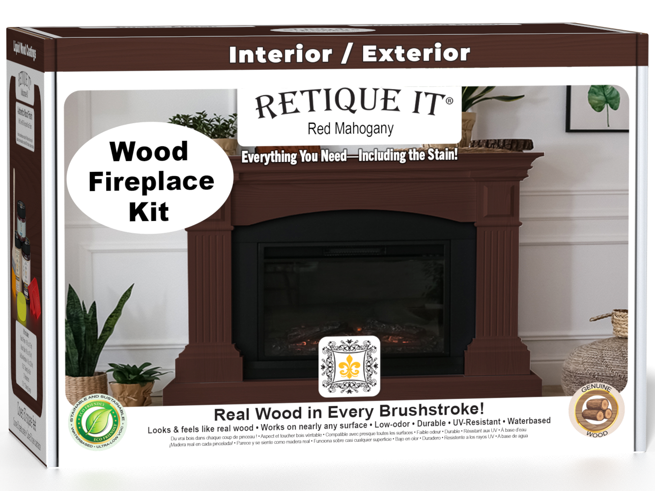 Retique It Fireplace Wood'n Finish Kit in Red Mahogany stain, showing a full fireplace with wood finish application and stain color.