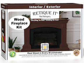 Retique It Fireplace Wood'n Finish Kit in Red Mahogany stain, showing a full fireplace with wood finish application and stain color.