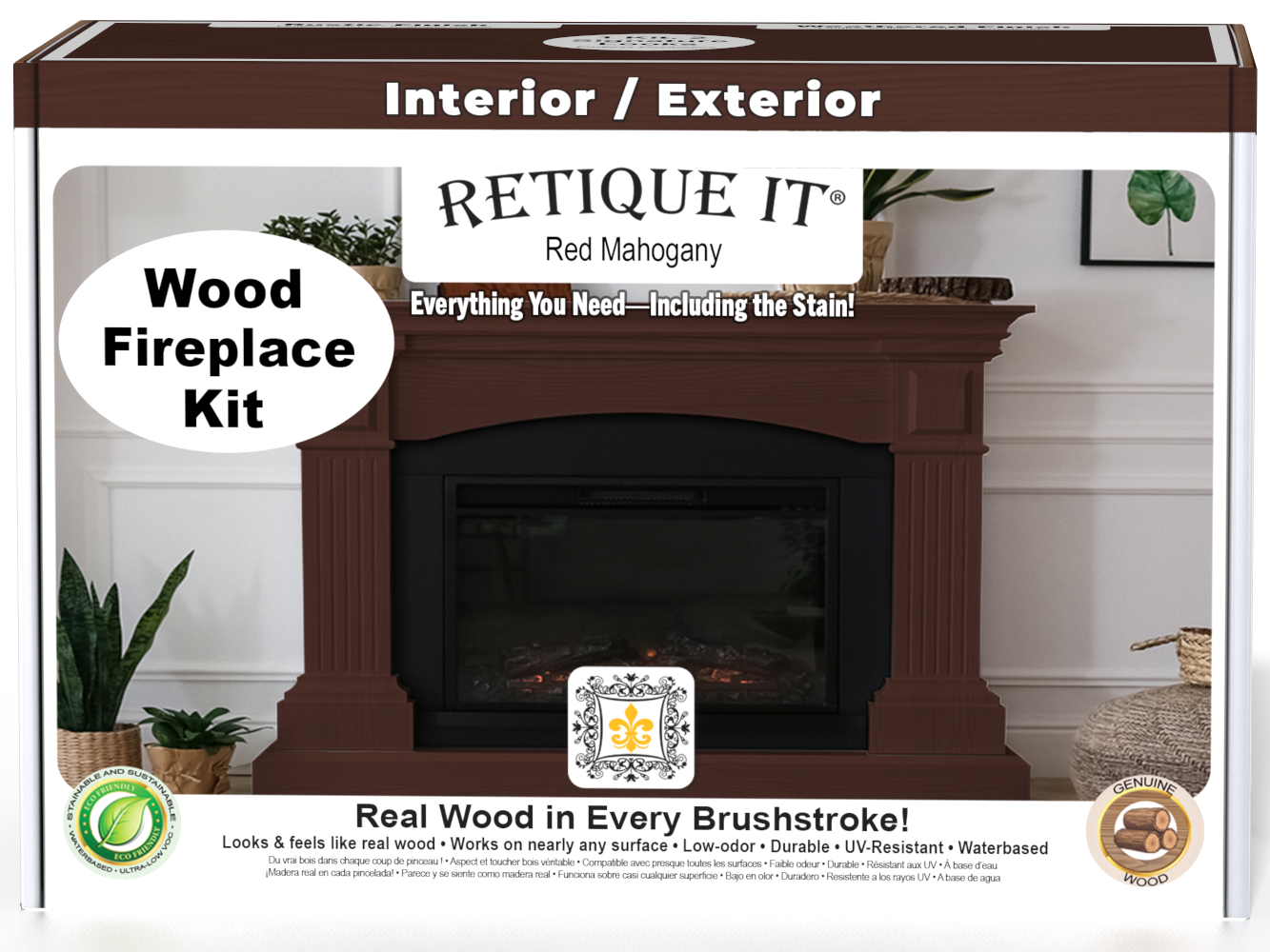 Retique It Fireplace Wood'n Finish Kit in Red Mahogany stain, showing a full fireplace with wood finish options and kit components.