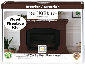 Retique It Fireplace Wood'n Finish Kit in Red Mahogany stain, showing a full fireplace with wood finish options and kit components.