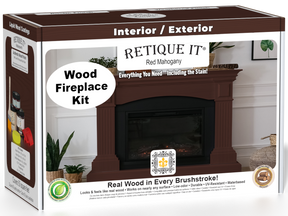 Retique It Fireplace Wood'n Finish Kit in Red Mahogany stain, shown in a box with stain bottles and application tools.