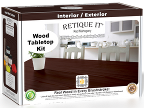 Retique It® Wood'n Finish Kit double size in Red Mahogany stain, featuring application tools and sample wood surface.