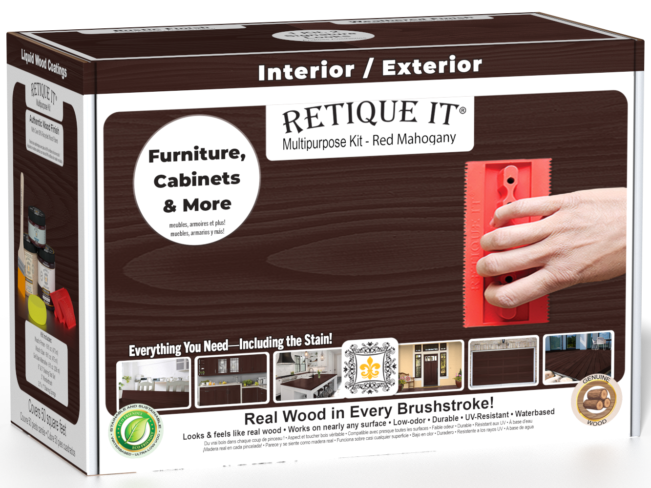 Retique It® Wood'n Finish Kit in Red Mahogany for multi-purpose wood finishing, shown in the box with brushes and supplies.