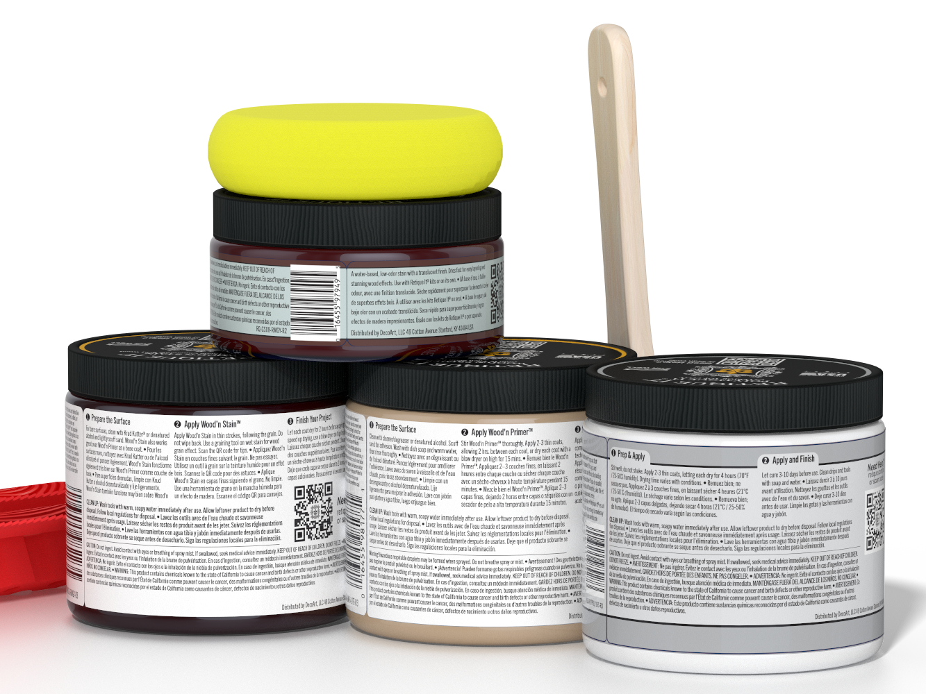 Back of Retique It® Wood'n Kit (Med) in Red Mahogany with exterior top coat, showing application tools and kit components.